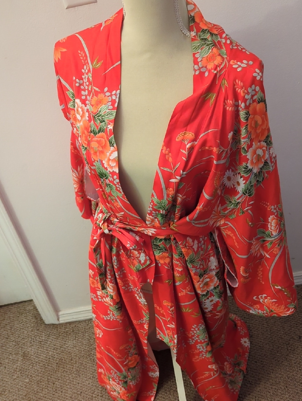 Authentic Floral Kimono Tie-Waist Robe - Coral Red